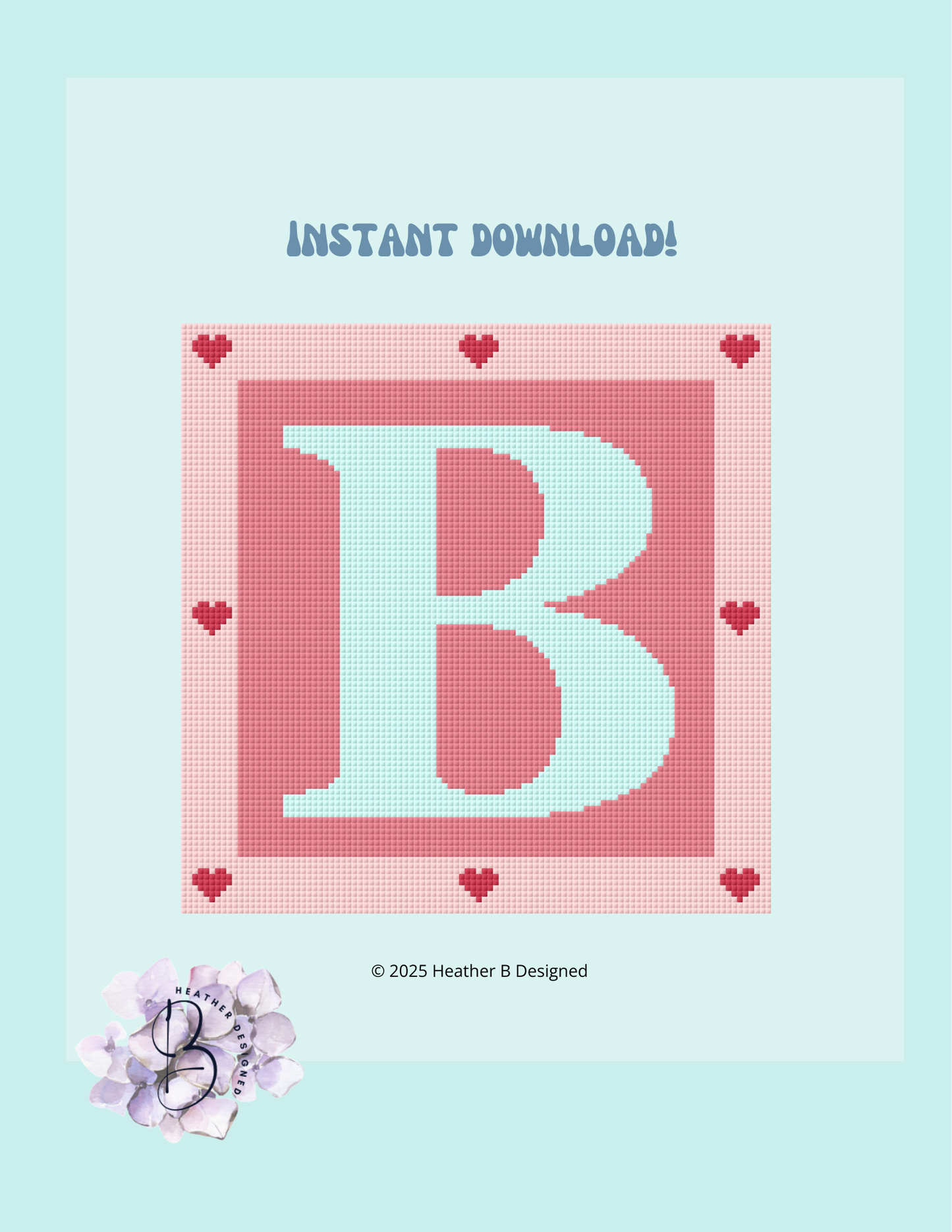 Heart Letter B Digital Needlepoint Chart | Digital Stitch Chart PDF for Needlepoint Canvas