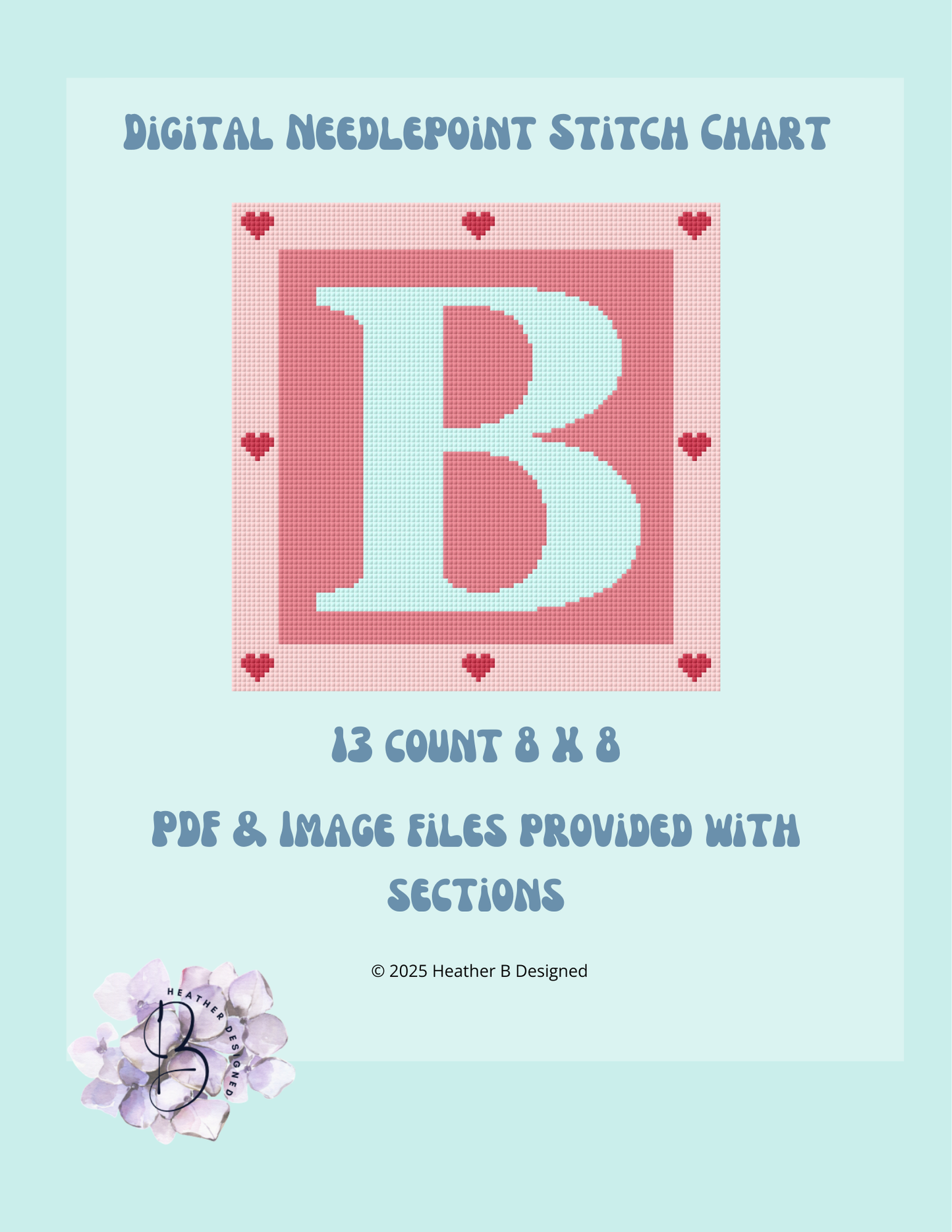 Heart Letter B Digital Needlepoint Chart | Digital Stitch Chart PDF for Needlepoint Canvas