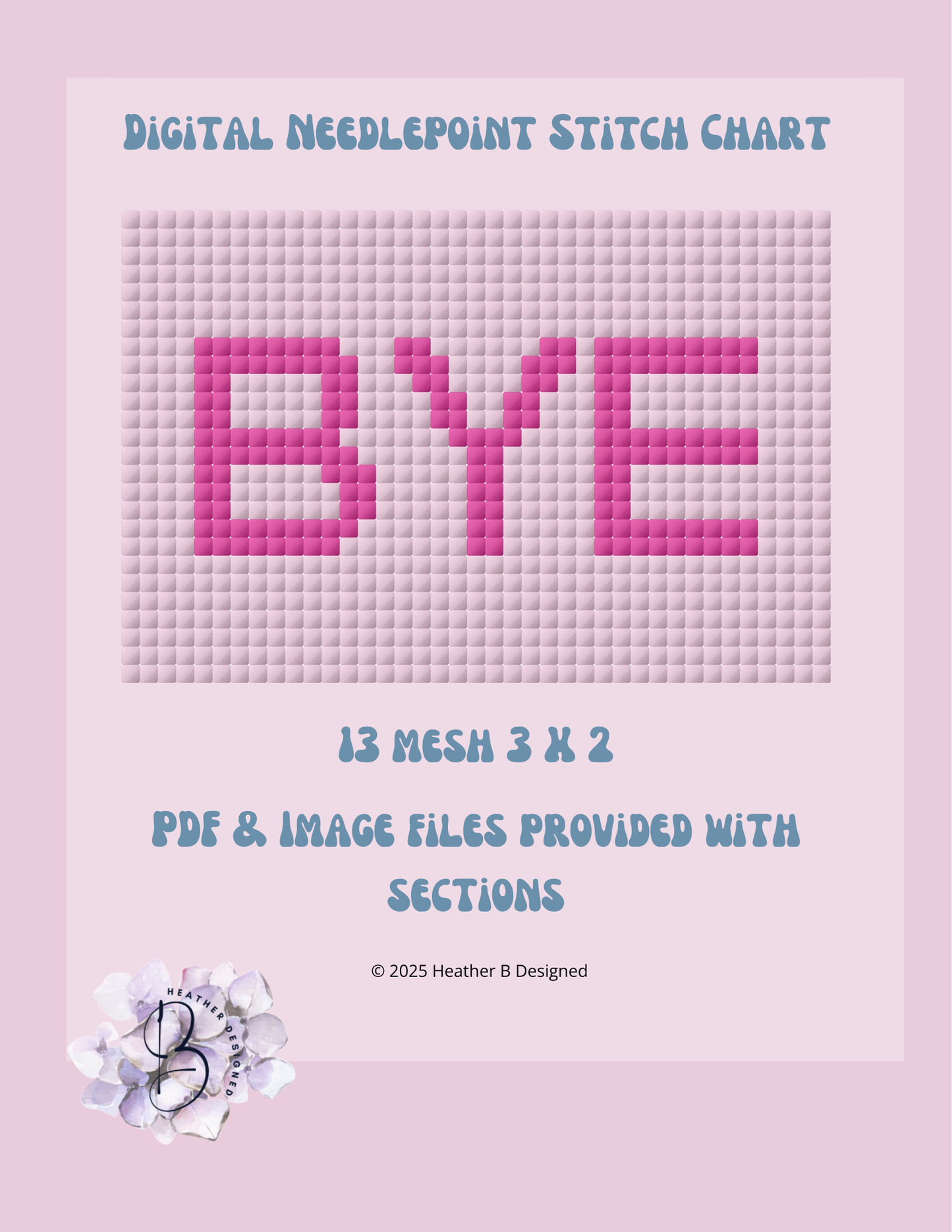 BYE Fuchsia Luggage Tag Digital Needlepoint Chart | Digital Stitch Chart PDF for Needlepoint Canvas
