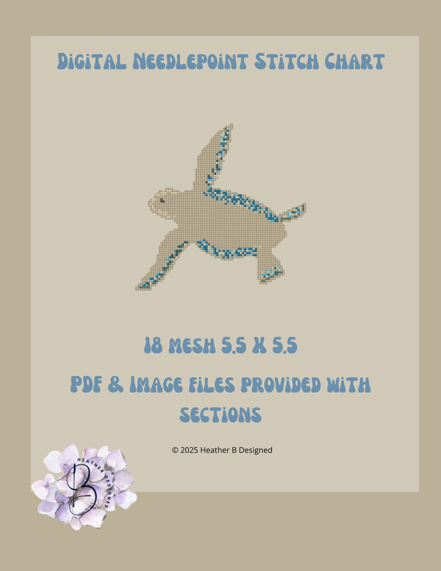 Turtle Digital Needlepoint Chart | Digital Stitch Chart PDF for Needlepoint Canvas
