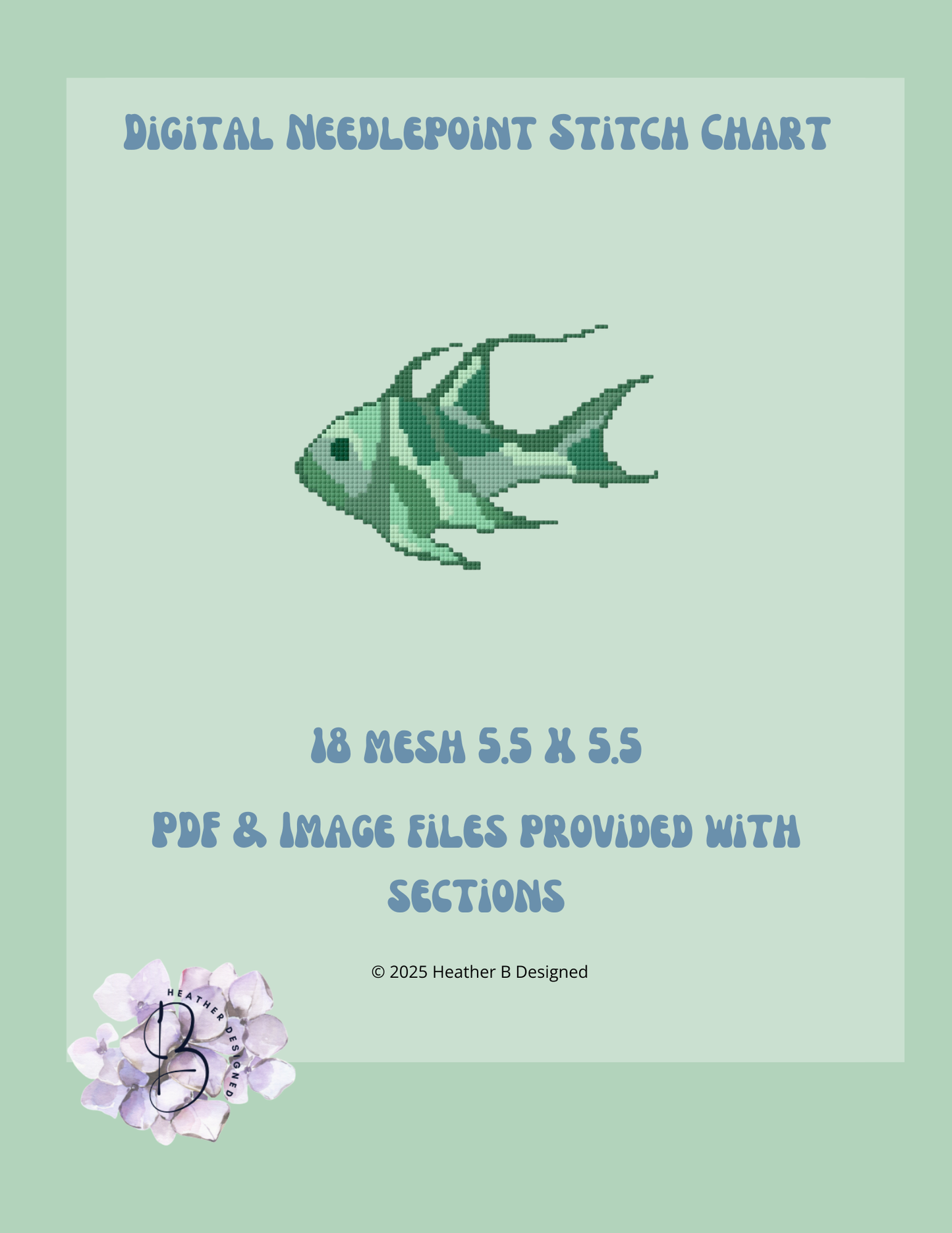 Green Fish Digital Needlepoint Chart | Digital Stitch Chart PDF for Needlepoint Canvas